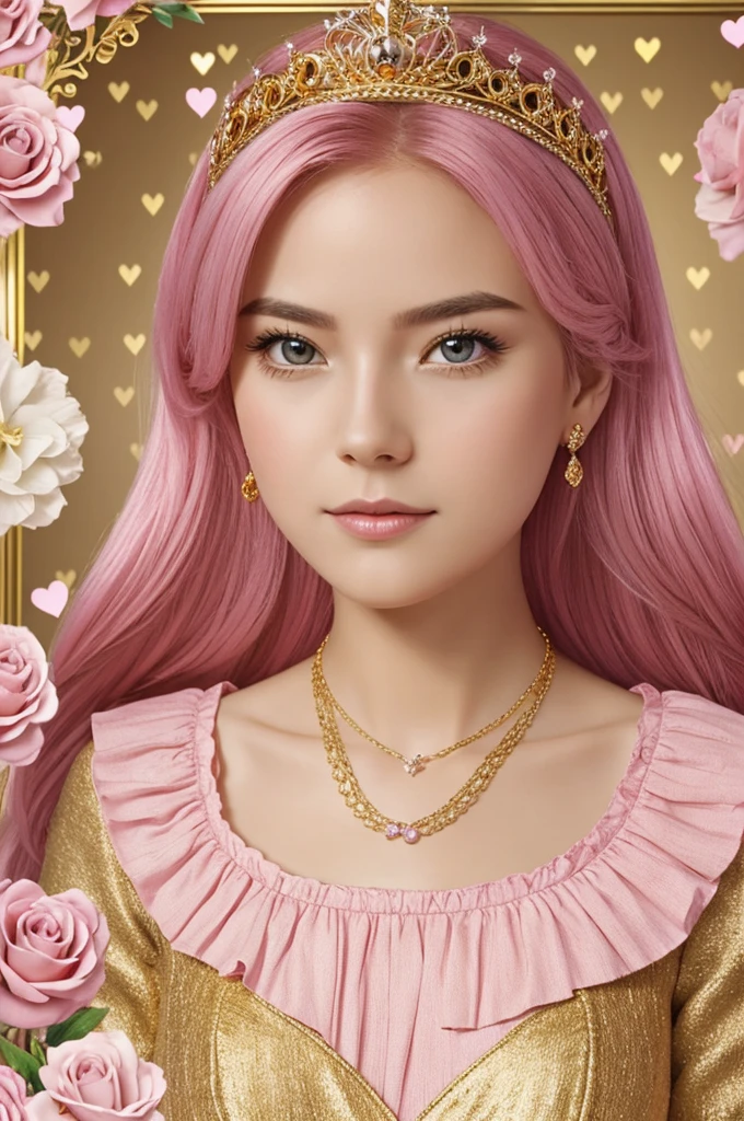 Name Lilian with gold letters, background of pink hearts and princess look