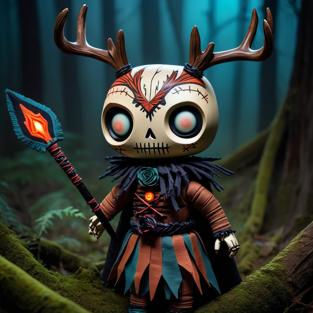 (knitted toy voodoo doll:1.7), (Voodoo Deer Phantom Hunter:1.3), (Clothing: tattered hunter's cloak with dark symbols:1.0), (Accessories: enchanted bow, glowing sinister arrows:1.2), (background: haunted forest with floating, glowing spectral animals and eerie mist:1.2), best quality, masterpiece, detailed soft oil painting, detailed background, dramatic cinematic lighting, soft edge lighting, professional, dramatic lighting, hard edge lighting, ultra quality, 4k, masterpiece, best quality, 8k, ultra high definition, high resolution, extremely detailed