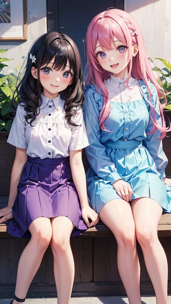 Two girls are sitting and laughing、Cartoon style illustration。The girls are wearing colorful clothes、The background is simple and white。The hair is curled、One of them is wearing a purple dress、The other is wearing a blue shirt and skirt.。A warm and happy atmosphere。