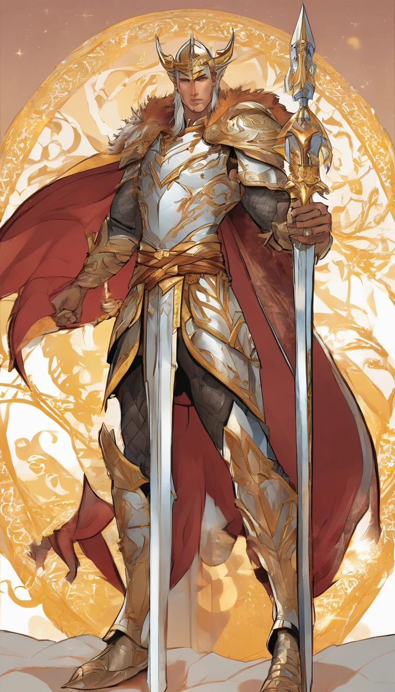 Athletic concept character art on white background. dnd. A strong and powerful High Elf Prince. A powerful warrior. The character has perfect proportions, tall, slender, and muscular. The character is wearing an ornate silver full body armor with a lot of intricate details and gold metal decoration. The character is wearing a white cloak. The character wears an olive crown and has golden hair. The background is blank --ar 9:13--v 6.0 .