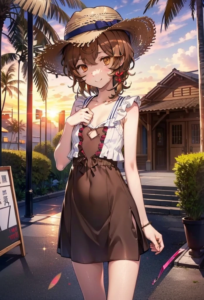 Lililukarde, Liliruka gets burned, , (Brown eyes:1.7), Brown Hair, (Flat Chest:1.2), smile,blush,Straw hat short hair,Brown sleeveless dress,Brown long skirt,Heeled Sandals,Walking,sunset,evening,The sun is setting,whole bodyがイラストに入るように,
break looking at viewer,whole body, (Cowboy Shot:1. 5)
break outdoors, Building district,Palm tree,Tropical,
break (masterpiece:1.2), Highest quality, High resolution, unity 8k wallpaper, (figure:0.8), (Beautiful attention to detail:1.6), Highly detailed face, Perfect lighting, Highly detailed CG, (Perfect hands, Perfect Anatomy),