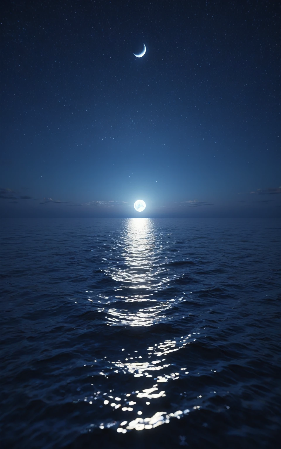 night,Deep blue waters wash the coast,The moonlight leaves dots of starlight on the sea,reflection,Real light reflection,True ray tracing,OC renderer,Octane renderer