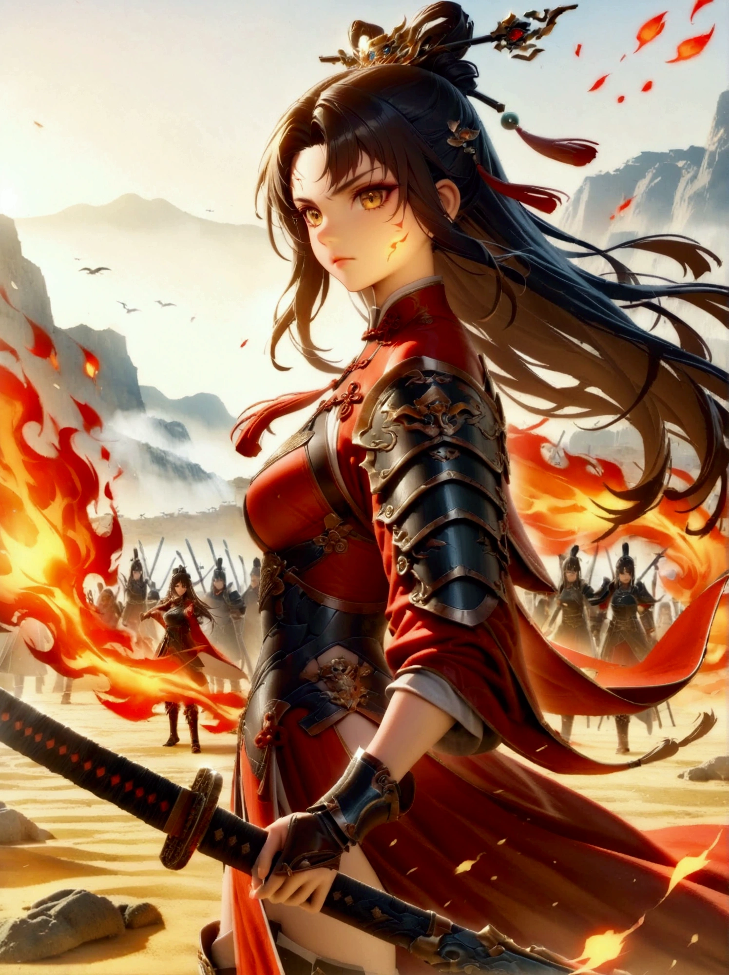 Chinese, Ancient battlefield, Chinese female general, holding a sword in her hand, Serious expression, whole body, Stunning facial features, Red robe, armor, boots, Yellow sand in the sky, Fire, Game Model, Stunning lighting, OC Rendering, Rim Light, Exquisite lighting, Very detailed, Epic creation, Ultra HD, best quality, masterpiece, high quality, 8k