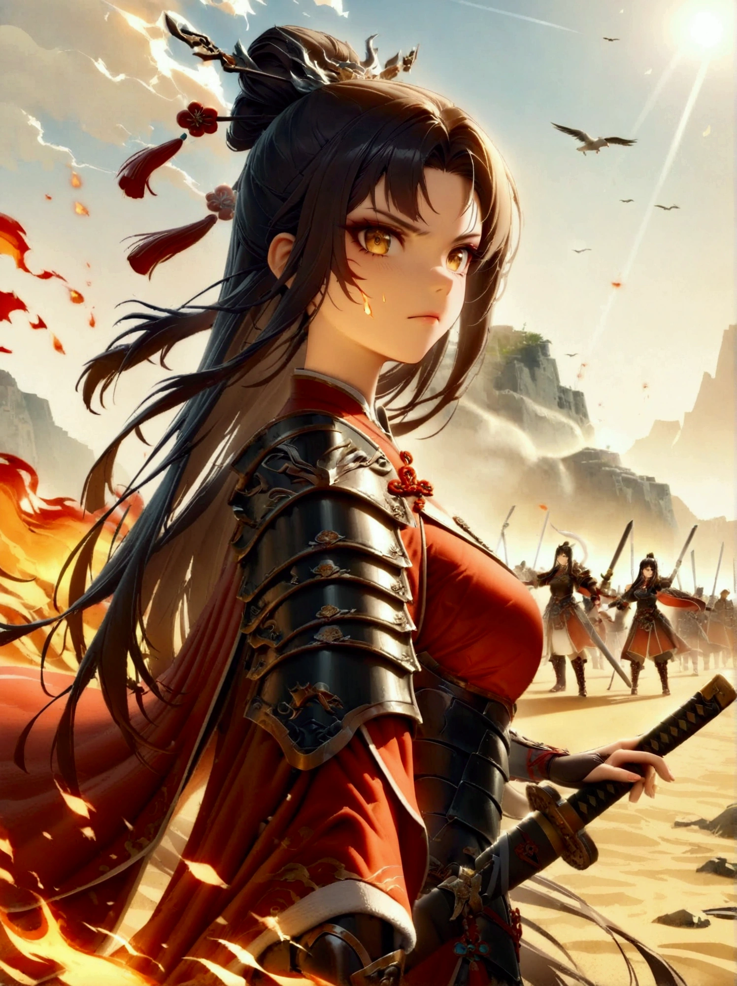 Chinese, Ancient battlefield, Chinese female general, holding a sword in her hand, Serious expression, whole body, Stunning facial features, Red robe, armor, boots, Yellow sand in the sky, Fire, Game Model, Stunning lighting, OC Rendering, Rim Light, Exquisite lighting, Very detailed, Epic creation, Ultra HD, best quality, masterpiece, high quality, 8k