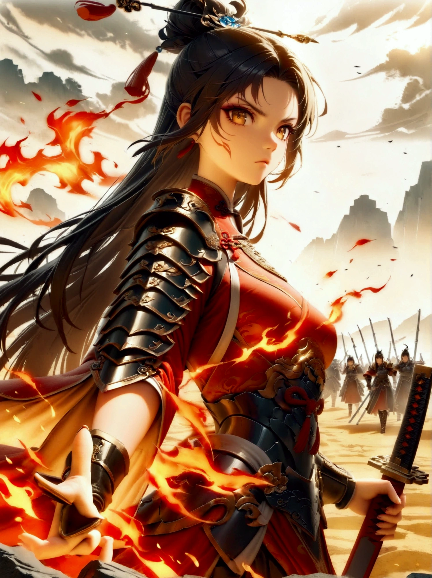 Chinese, Ancient battlefield, Chinese female general, holding a sword in her hand, Serious expression, whole body, Stunning facial features, Red robe, armor, boots, Yellow sand in the sky, Fire, Game Model, Stunning lighting, OC Rendering, Rim Light, Exquisite lighting, Very detailed, Epic creation, Ultra HD, best quality, masterpiece, high quality, 8k