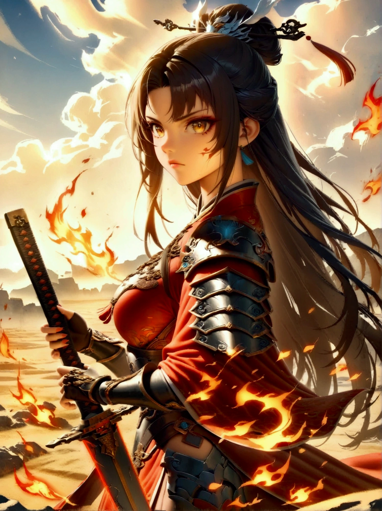 Chinese, Ancient battlefield, Chinese female general, holding a sword in her hand, Serious expression, whole body, Stunning facial features, Red robe, armor, boots, Yellow sand in the sky, Fire, Game Model, Stunning lighting, OC Rendering, Rim Light, Exquisite lighting, Very detailed, Epic creation, Ultra HD, best quality, masterpiece, high quality, 8k