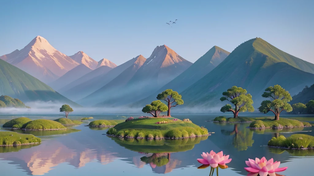 This photo depicts a peaceful landscape in the style of traditional East Asian ink painting. The background of the photo is mist-covered mountains with many peaks and valleys, create a feeling of depth. In the foreground, There are many large lotus flowers blooming, with pink petals that stand out against the pale background of the landscape. There are also lotus leaves on the water surface. A small island with two trees located in the middle of a calm body of water, Reflects part of the scene above. A flock of birds is flying in formation toward the upper left corner of the photo. Tổng thể, The photo conveys a sense of peace and natural beauty.