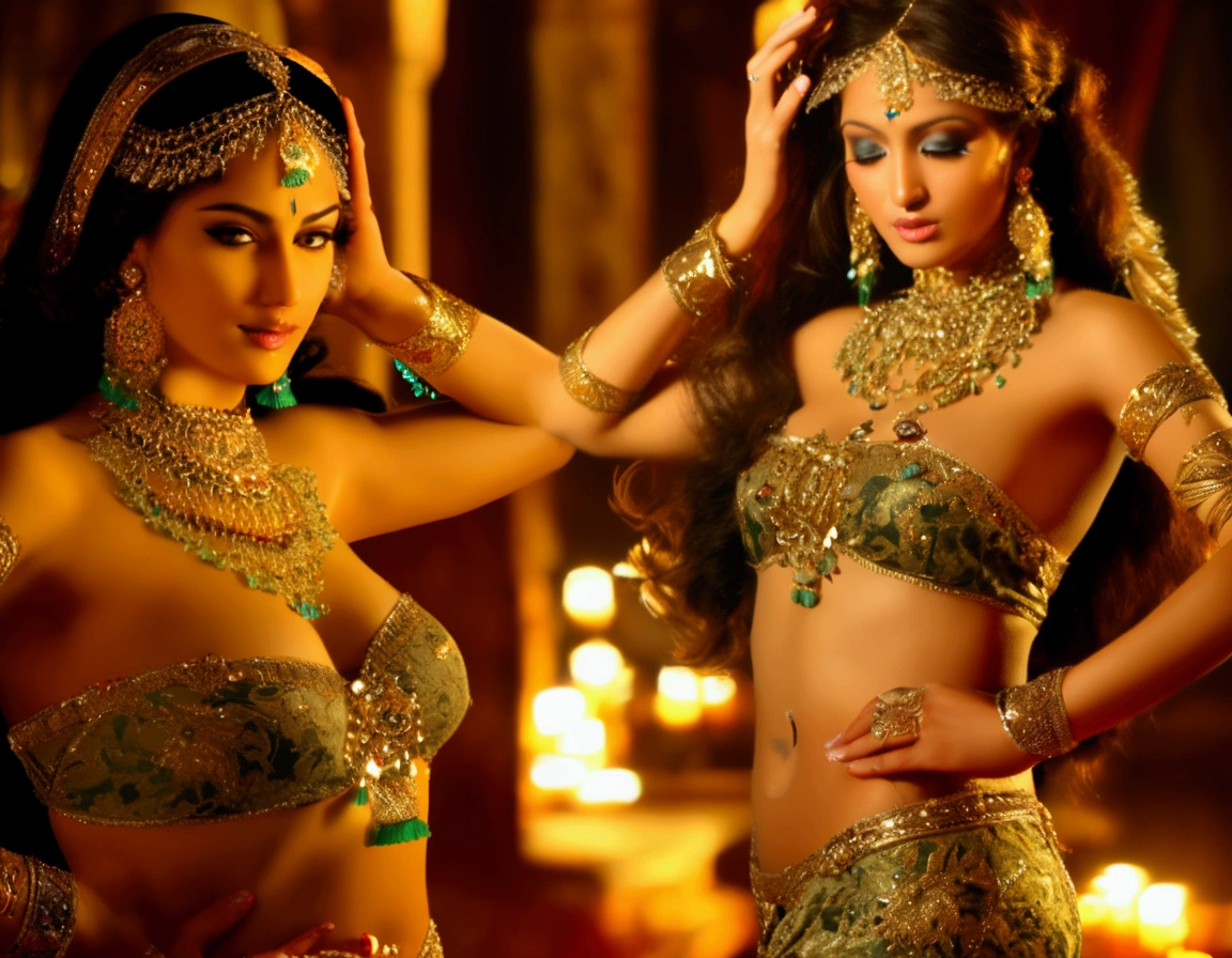 (best quality,4k,highres,masterpiece:1.2),ultra-detailed,(realistic,photorealistic,photo-realistic:1.37),Sultan's harem,hint of mystery and seduction,opulent palace,bathed in soft golden light,dramatic shadows,dazzling jewel-toned fabrics,ornate and intricate silk and lace costumes,lavish interiors,elaborate decorative motifs,exquisite patterns and designs,aromatic incense filling the air,several scantily clad women,exotic beauty,perfectly sculpted bodies,competing for attention,alluring and flirtatious gazes,playful teasing and laughter,intricate adornments in their hair and on their bodies,golden bangles and delicate anklets,jeweled belly chains,swirling and sinuous movements,sensual and suggestive belly dance,fluid and graceful gestures,lust and passion in their eyes,dynamic and captivating performance,mesmerizing rhythm of the music,intense energy and sensuality,exotic and erotic atmosphere,opulence and desire intertwined,a celebration of feminine power and beauty,delighting the Sultan's senses and consuming his thoughts.