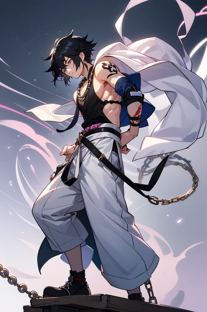 A tired young man with tied up black hair and white eyes, wearing a short, sleeveless dark haori cut off at his waist, and a pair of baggy white pants and blue rope belt to secure them at his waist. With a pair of chains of large, round, pink pearls around his ankles, black boots, handsome, curse, Tattoos on arms