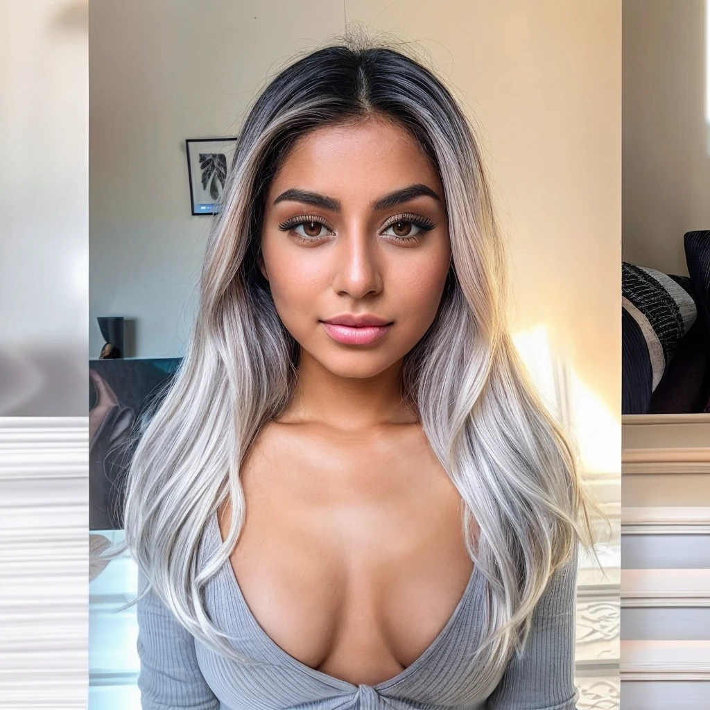 An image of a beautiful of a 20 year old Arabian exotic Instagram model, taken with iphone camera, medium shot selfie of a pretty young woman, (ombre:1.3) vibrant silver/white dyed hair bright, ambered-colored eyes, film grain, best quality, shoulder-length hair, featuring a beautiful light-colored silver white hair style, and she is wearing a gray top with a high neckline. Standing in the living room. Nice lips.