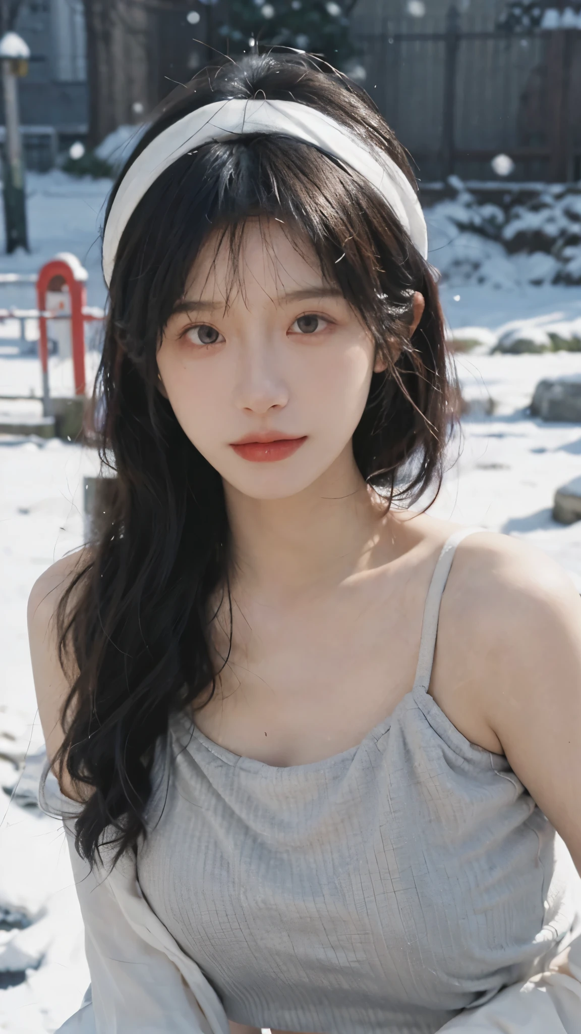 Portrait photography,1 girl,Snow Scene,Snowing background,Push-up non-slip tube top ,(whole body:1.4),Lipstick,(Big Breasts:1.4),Headband,serene,calm,(Realistic and detailed eyes,Natural skin texture,Realistic facial details),
