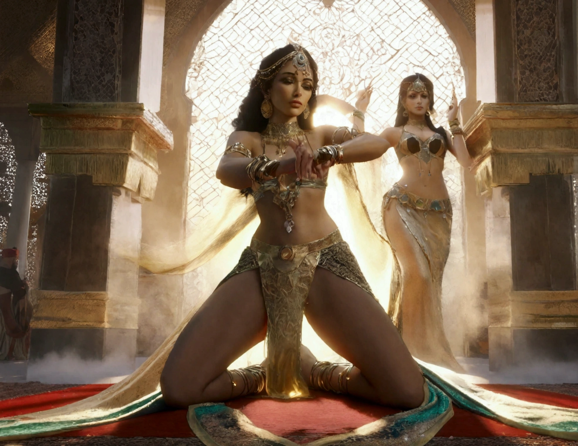 (best quality,4k,highres,masterpiece:1.2),ultra-detailed,(realistic,photorealistic,photo-realistic:1.37),Sultan's harem,hint of mystery and seduction,opulent palace,bathed in soft golden light,dramatic shadows,dazzling jewel-toned fabrics,ornate and intricate silk and lace costumes,lavish interiors,elaborate decorative motifs,exquisite patterns and designs,aromatic incense filling the air,several scantily clad women,exotic beauty,perfectly sculpted bodies,competing for attention,alluring and flirtatious gazes,playful teasing and laughter,intricate adornments in their hair and on their bodies,golden bangles and delicate anklets,jeweled belly chains,swirling and sinuous movements,sensual and suggestive belly dance,fluid and graceful gestures,lust and passion in their eyes,dynamic and captivating performance,mesmerizing rhythm of the music,intense energy and sensuality,exotic and erotic atmosphere,opulence and desire intertwined,a celebration of feminine power and beauty,delighting the Sultan's senses and consuming his thoughts.
