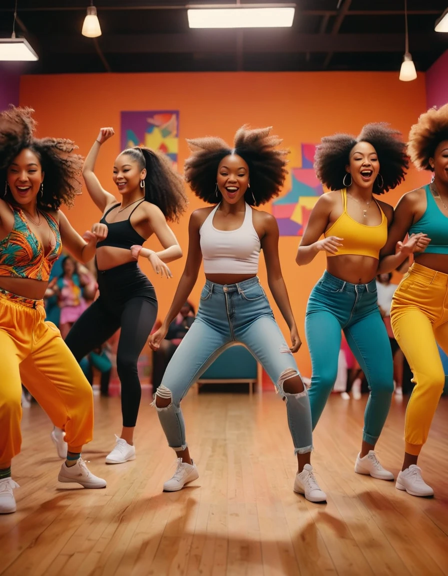 A lively and energetic video capturing a group of diverse individuals showcasing their dance moves in a vibrant and colorful set