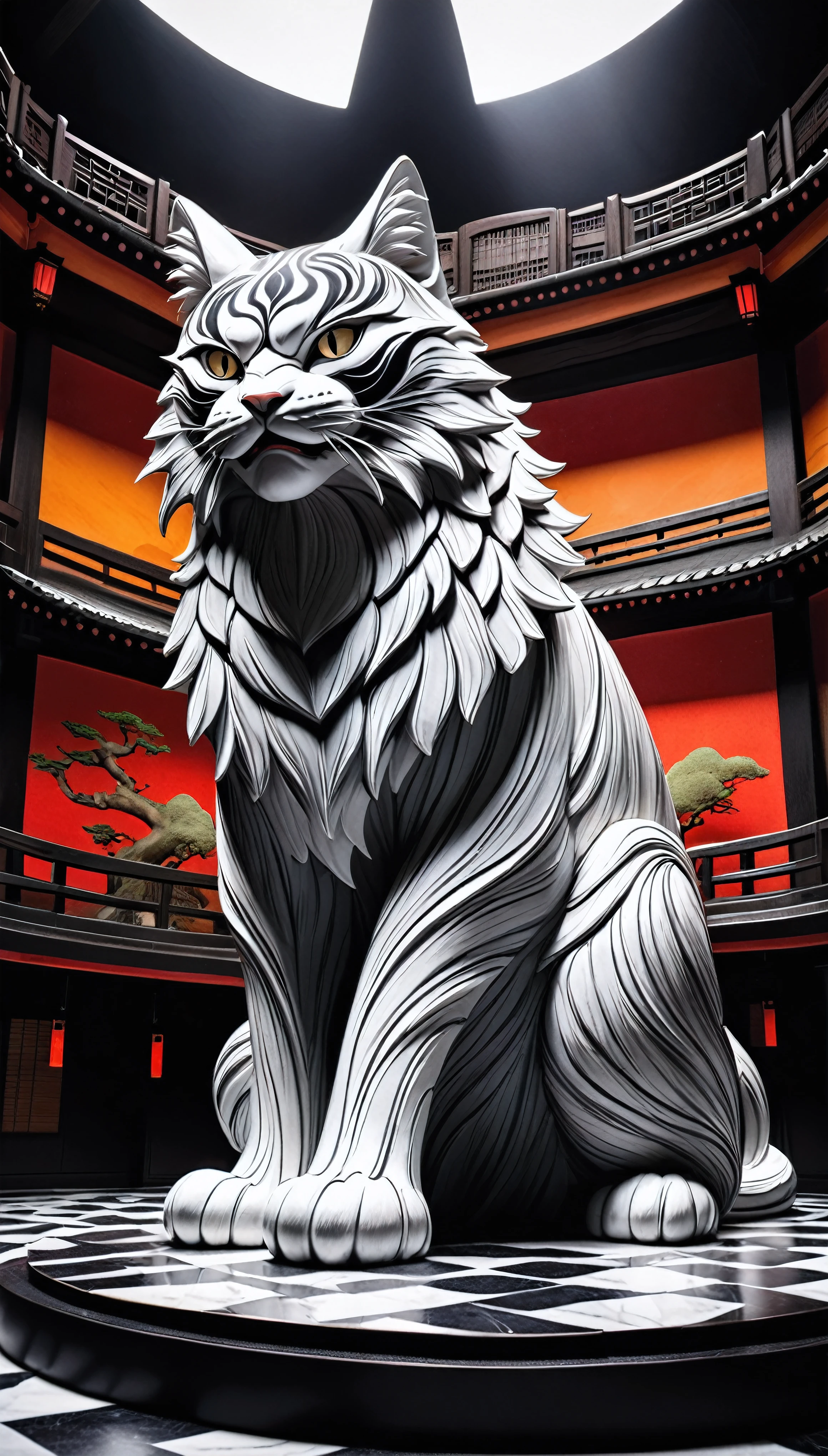 Giant cat monster, Kabuki fantasy production, BREAK Extremely Miniature Scale Background, Realistic, Realistic photos, BREAK A world of monochrome and full color that changes into marble patterns, Dramatic lighting effects, Cinematic realism, Aesthetic works of art, 