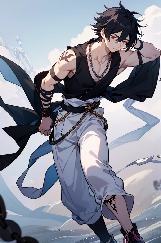 A tired young man with tied up black hair and white eyes, wearing a short, sleeveless dark haori cut off at his waist, and a pair of baggy white pants and blue rope belt to secure them at his waist. With a pair of chains of large, round, pink pearls around his ankles, black boots, handsome, curse, Tattoos on arms