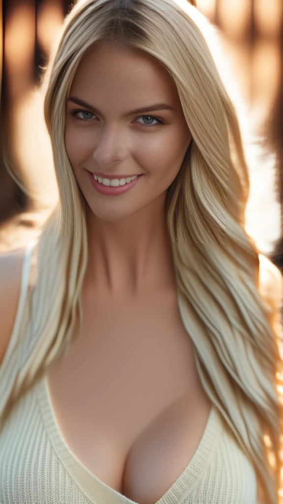 1girl in, age19, Solo, Long hair, Colossal tits, Looking at Viewer, blondehair, Bare shoulders, Brown eyes, jewely, Full body, a necklace, off shoulders, Sweaters, Realistic, A sexy