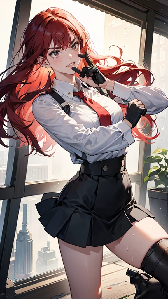 {{masterpiece}}, {{{best quality}}},{{ultra-detailed}}, {{illustration}},{{tall stature}},{{adult women}},{{Fighting stance}},,,{{blushing with anger}},,{{Long sleeve mini skirt uniform}},,,{{blushing with anger}},}{}},{fighting stance}},{},{}, ,{{}},{{Eyelet foot}},,{{From Below }},{{v-shaped eyebrows}},,{{}},{{}},,Slender body}}{{Avoidance}}{{Female police officer}},,,,suspenders　,Long sleeve mini skirt uniform, White High Socks,Black fingerless gloves, Long Red Hair, Red tie,Straight hair ,Blunt bangs,Thigh holster,.amountn loafer,,blush,Wrinkles ,amount,Grit your teeth,suffering,.,Sweat dripping,Medium chest ,get annoyed,,Slums,,Twisting,