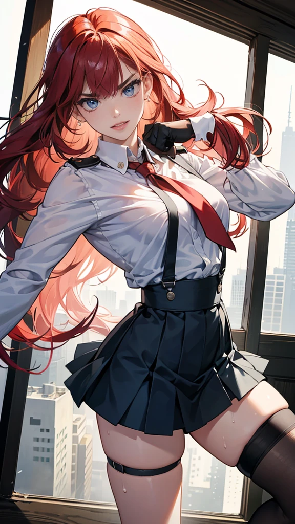 {{masterpiece}}, {{{best quality}}},{{ultra-detailed}}, {{illustration}},{{tall stature}},{{adult women}},{{Fighting stance}},,,{{blushing with anger}},,{{Long sleeve mini skirt uniform}},,,{{blushing with anger}},}{}},{fighting stance}},{},{}, ,{{}},{{Eyelet foot}},,{{From Below }},{{v-shaped eyebrows}},,{{}},{{}},,Slender body}}{{Avoidance}}{{Female police officer}},,,,suspenders ,Long sleeve mini skirt uniform, White High Socks,Black fingerless gloves, Long Red Hair, Red tie,Straight hair ,Blunt bangs,Thigh holster,.amountn loafer,,blush,Wrinkles ,amount,Grit your teeth,suffering,.,Sweat dripping,Medium chest ,get annoyed,,Slums,,Twisting,