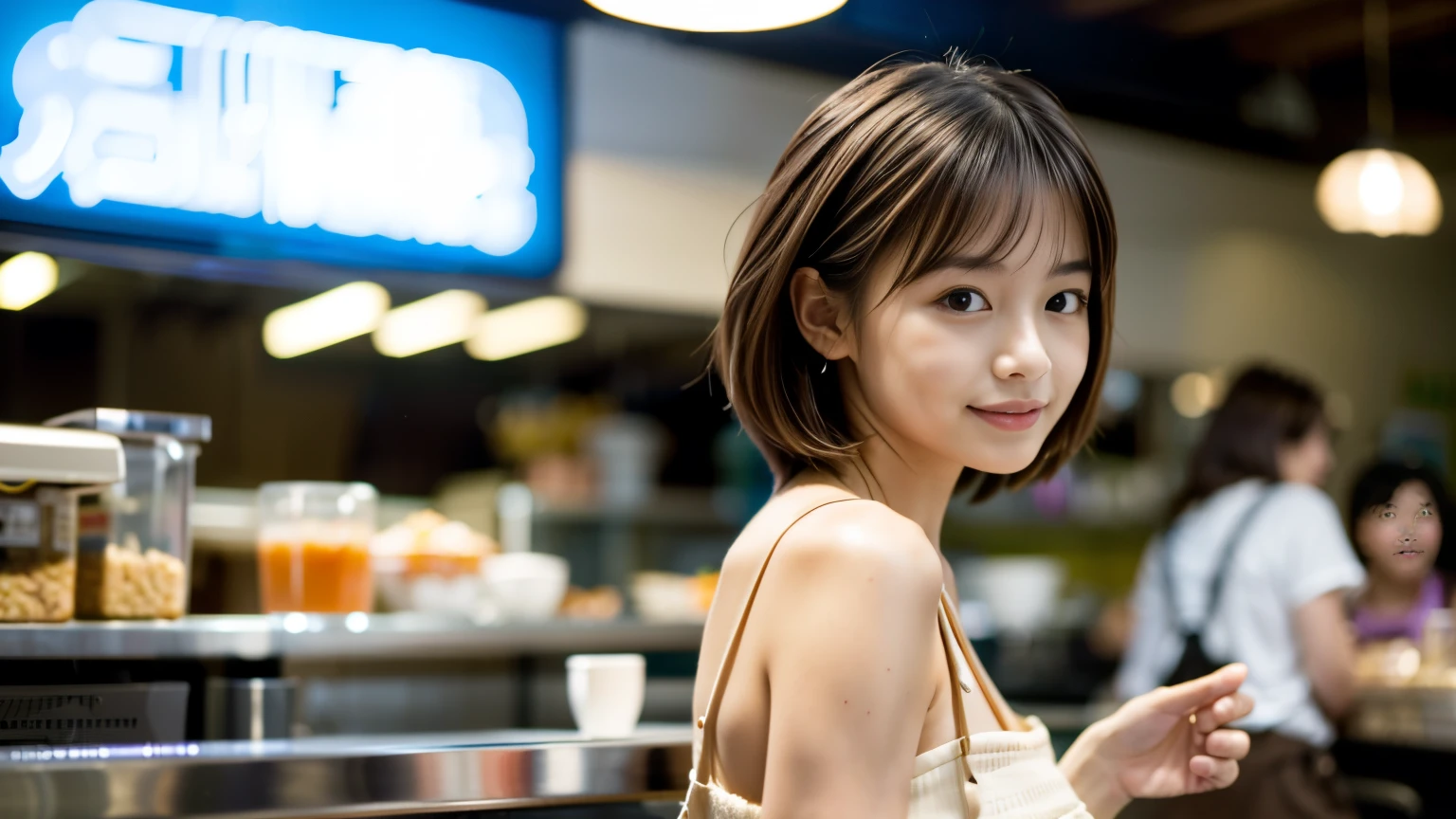 super high quality, Slenderのネックレス, Slender, Gravure photoshoot, The staff is working at the counter in the back., (8k、RAW Photos、Highest quality、masterpiece:1.2), Japanese Idol, Stylish café, (Realistic、Photorealistic:1.37), Mesh Hair, Urban Cafe, Golden Ratio, Raw photo, Cute face , Light Brown Hair, Small breasts, Bright cafe interior, Blurred Background, Summer clothes, Photographed inside the cafe, Neat clothes, Very Short Hair, 18-year-old, Stylish clothes,