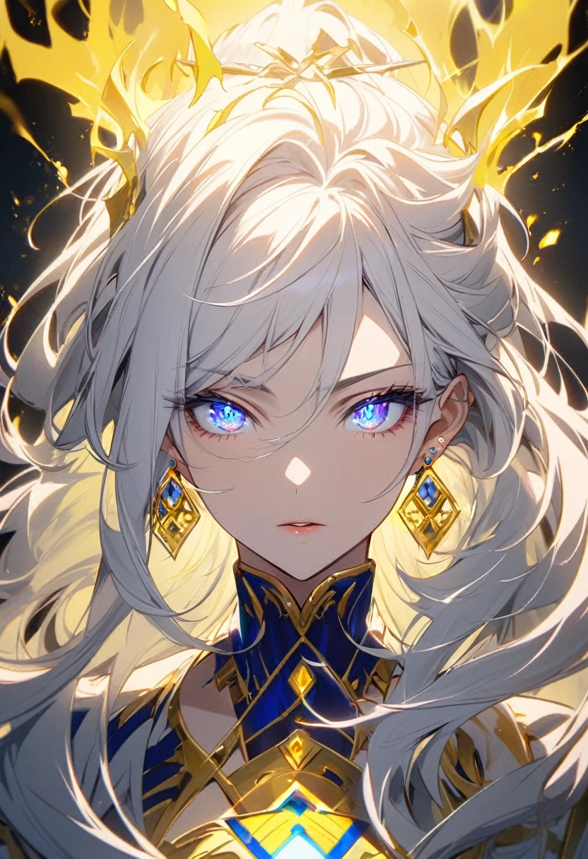 woman, god, god eyes, blue eyes, glowing right eyes, two color eyes, purple right eyes, blue left eyes, yellow aura,  long hair, white hair, god mature, god eyes, diamond earings, 
