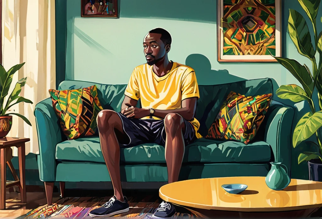 A man wearing dark shorts and shirt, sitting on a sofa, watching TV.
African (masterpiece best quality:1.2) delicate illustration ultra-detailed, illustrations, bright, colourful,