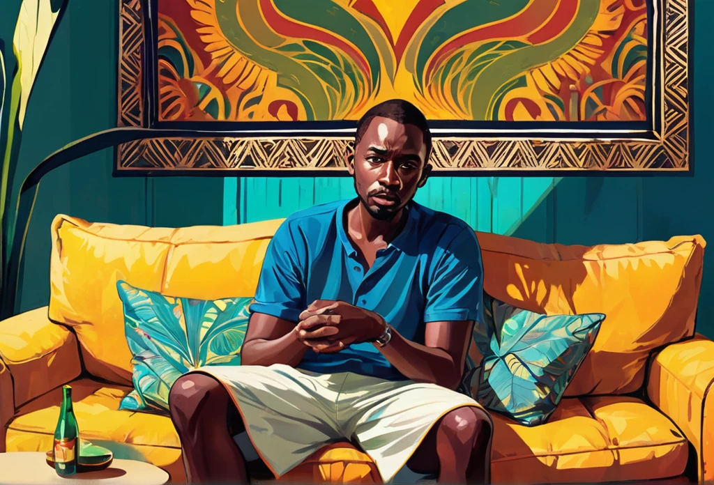 A man wearing dark shorts and shirt, sitting on a sofa, watching TV. 
African (masterpiece best quality:1.2) delicate illustration ultra-detailed, illustrations, bright, colourful, 