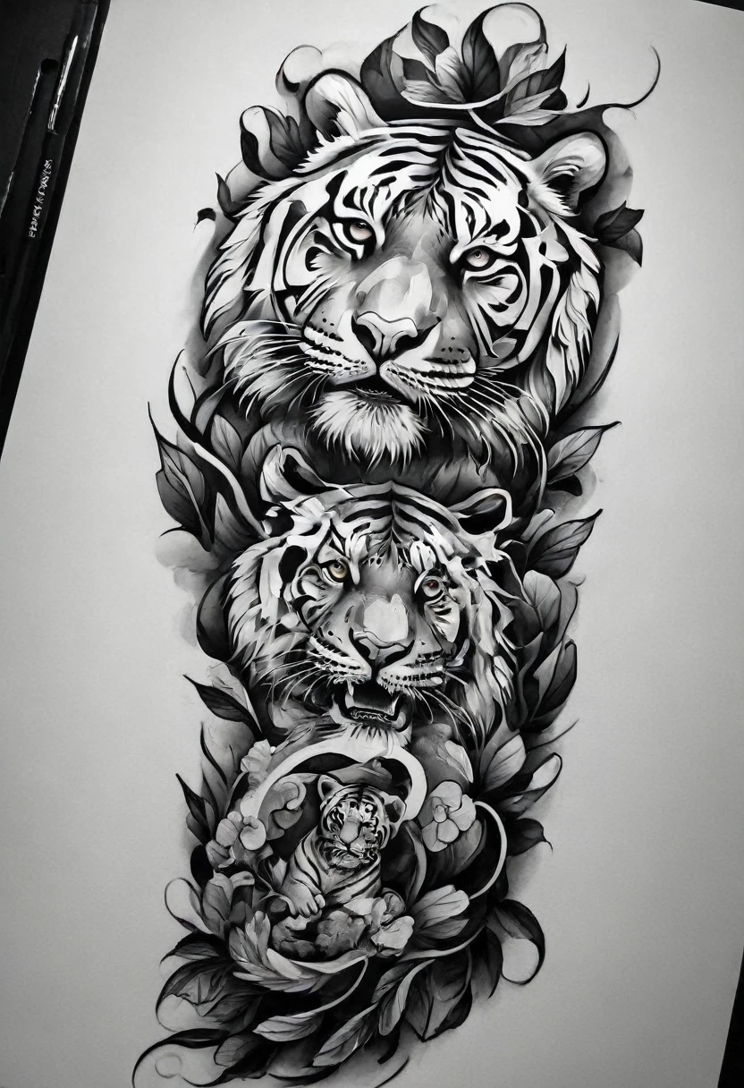 ((Solo Tiger)), a black and white drawing of a Tiger with a japanese wave and autumn leaves effect, TigerHead Tattoo Designs, Detailed bushido shaped smoke, Tattoo designs, Black and white inkスタイル, Medium size tattoo sketch, Black and gray tattoo styles, Sumi style, sacred Tiger, Tiger_beast, Left arm to back, concept Tattoo designs, Black and white ink &#39;, Tiger head, Tiger, (((Autumn leaves effects)))
