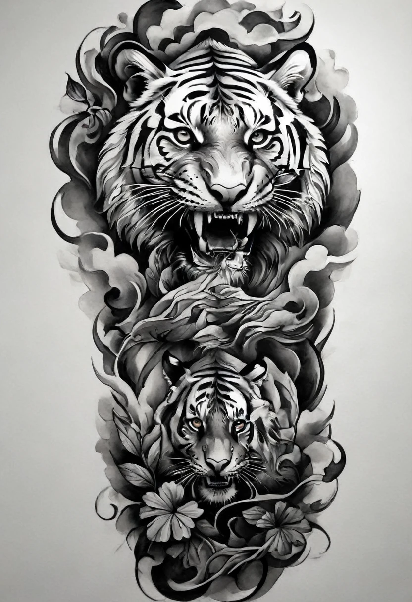 ((Solo Tiger)), a black and white drawing of a Tiger with a japanese wave and autumn leaves effect, TigerHead Tattoo Designs, Detailed bushido shaped smoke, Tattoo designs, Black and white inkスタイル, Medium size tattoo sketch, Black and gray tattoo styles, Sumi style, sacred Tiger, Tiger_beast, Left arm to back, concept Tattoo designs, Black and white ink &#39;, Tiger head, Tiger, (((Autumn leaves effects)))
