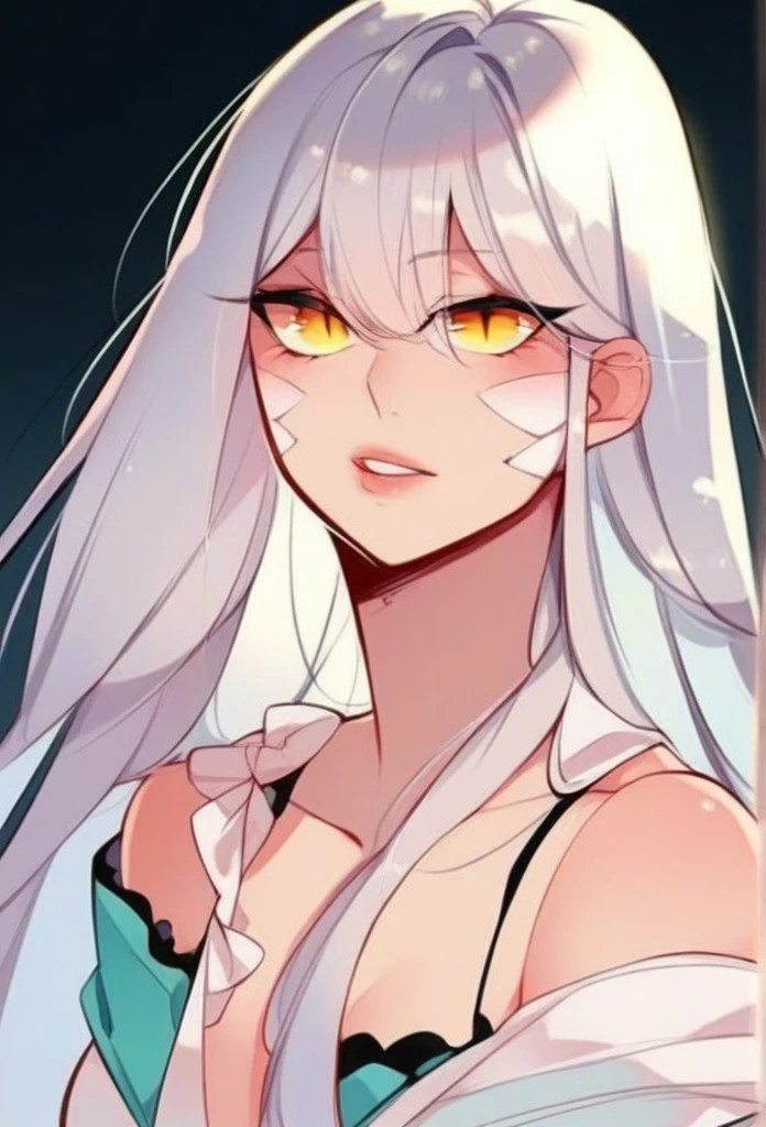 juder_style, score_9, score_8_up, score_7_up, score_6_up, score_5_up, score_4_up, hd, (ultra hd quality details), 8K, 1girl, long hair, Hourglass body, yellow eyes, silver hair, 2d illustration, half_up half_down hairstyle, snake eyes