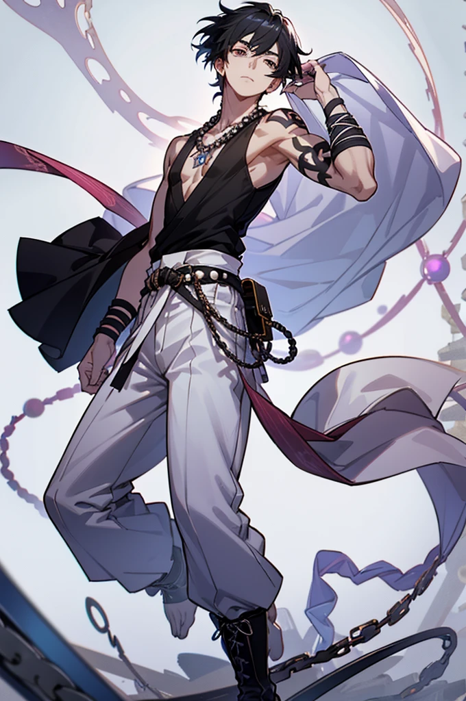 A tired young man with tied up black hair and white eyes, wearing a short, sleeveless dark haori cut off at his waist, and a pair of baggy white pants and blue rope belt to secure them at his waist. With a pair of chains of large, round, pink pearls around his ankles, black boots, handsome, curse, Tattoos on arms