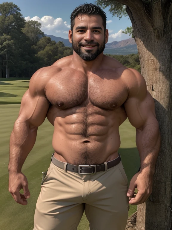 Masterpiece, Best Quality, High resolution, close-up portrait, (1 chico:1.4) A man in golf clothing, muscular, (with shirt: 1.2) male focus, focus alone, tanned skin, 38-year-old man in golf course., muscular, strong, furry, masculine, (shirtless: 1.2), in the background a farm, in a storm, amazing composition, front view, HDR, volumetric lighting, (plano general, FROM THE FRONT:1.2) (GS-Macho :1.5) (magnificent landscape:1.2), macho, thick forearms, thick arms, huge thighs, charming smile, winking