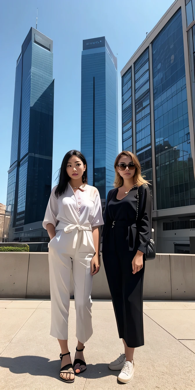 Two women standing side by side、（Full body photo）（Head to toe）（The background is the building&#39;s corridor.）、Black Hair 、Ear piercing、White T-shirt, Grey coat, Skinny jeans、sneakers、smile、, 
Waiting to start 
