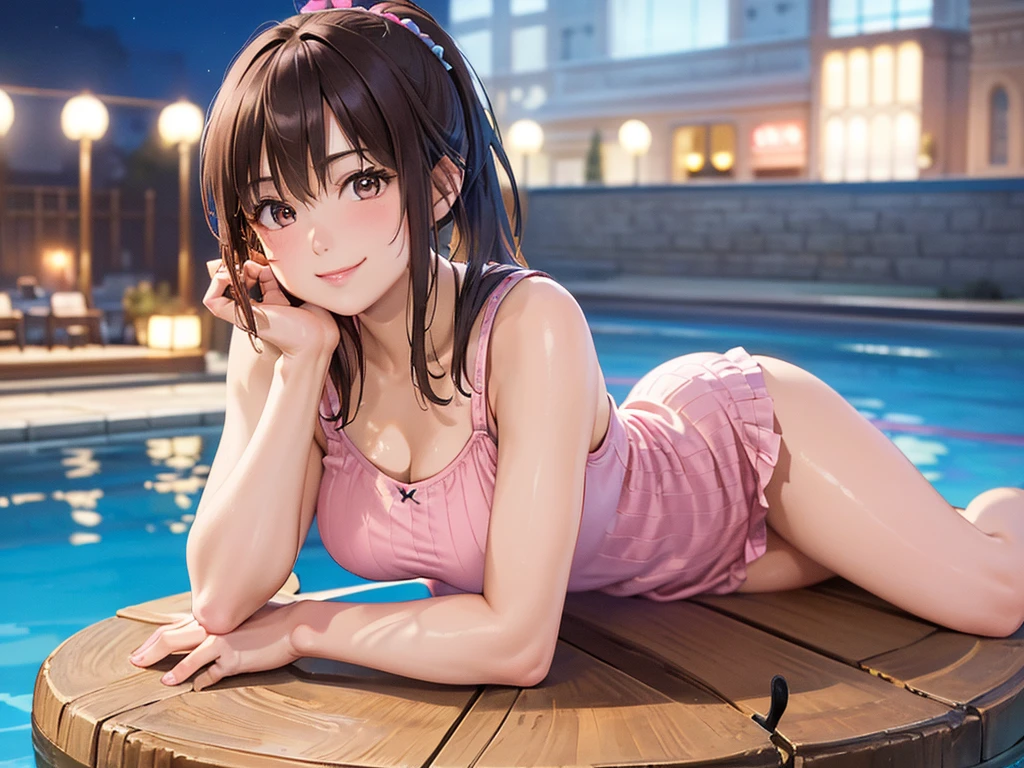 (masterpiece、Highest quality:1.2),Frame In、 Cowboy Shot, solo, One Girl, Seeing the viewer, (Highest quality, 8k, oil, Tabletop:1.2), Very detailed, (Realistic, Realistic:1.37), Vibrant colors, Pink Tank Top、Black ide Ponytail、Brown Hair、smile、Night Pool、Pool at night、