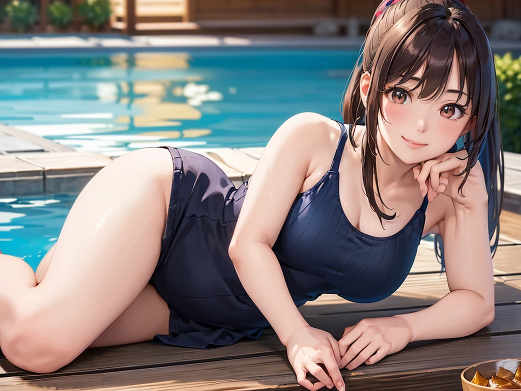 (masterpiece、Highest quality:1.2),Frame In、 Cowboy Shot, solo, One Girl, Seeing the viewer, (Highest quality, 8k, oil, Tabletop:1.2), Very detailed, (Realistic, Realistic:1.37), Vibrant colors, Pink Tank Top、Black ide Ponytail、Brown Hair、smile、Night Pool、Pool at night、