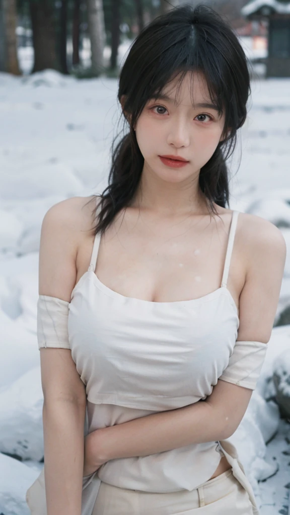 Portrait photography,1 girl,Snow Scene,Snowing background,Push-up non-slip tube top ,(whole body:1.4),Lipstick,(Big Breasts:1.4),Headband,serene,calm,(Realistic and detailed eyes,Natural skin texture,Realistic facial details),