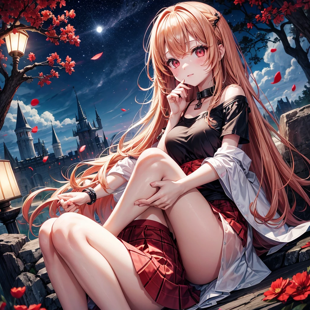 Red-blonde、Red eyes、One cute girl、solo、And soul、Light clothing、Checked mini skirt、petal、Wet hair、Sit on、black t-shirts、large tree、cloud、full moon、monster castle、lanthanum、Hell's Gate、Craft Gatekeeper、barefoot、Snow is piled up