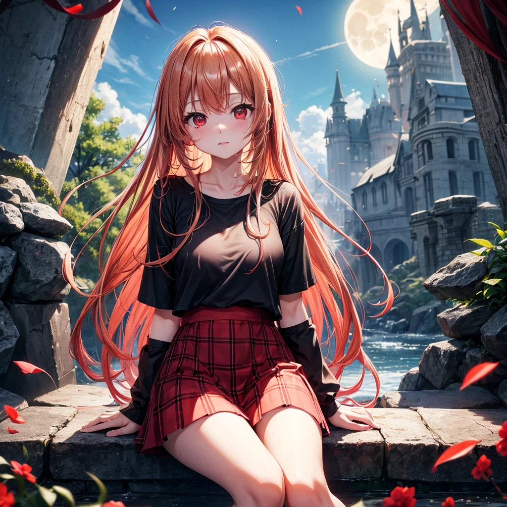 Red-blonde、Red eyes、One cute girl、solo、And soul、Light clothing、Checked mini skirt、petal、Wet hair、Sit on、black t-shirts、large tree、cloud、full moon、monster castle、lanthanum、Hell's Gate、Craft Gatekeeper、barefoot、Snow is piled up