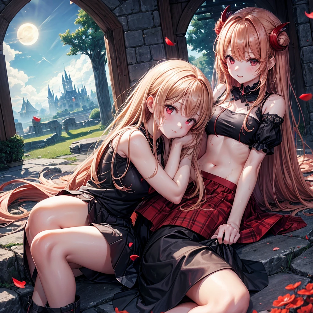 Red-blonde、Red eyes、One cute girl、solo、And soul、Light clothing、Checked mini skirt、petal、Wet hair、Sit on、black t-shirts、large tree、cloud、full moon、monster castle、lanthanum、Hell's Gate、Craft Gatekeeper、barefoot、Snow is piled up