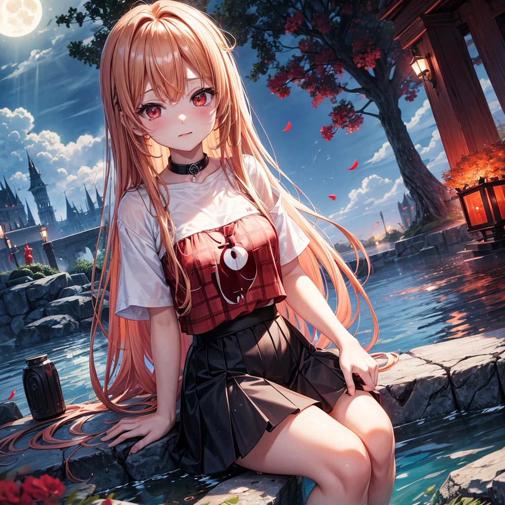Red-blonde、Red eyes、One cute girl、solo、And soul、Light clothing、Checked mini skirt、petal、Wet hair、Sit on、black t-shirts、large tree、cloud、full moon、monster castle、lanthanum、Hell's Gate、Craft Gatekeeper、barefoot、Snow is piled up