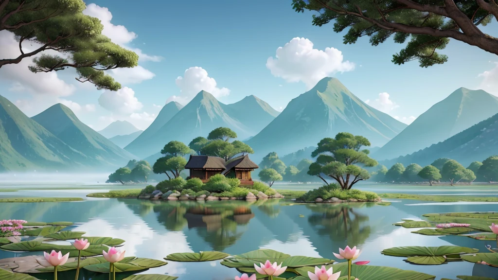 This photo depicts a peaceful landscape in the style of traditional East Asian ink painting. The background of the photo is mist-covered mountains with many peaks and valleys, create a feeling of depth. In the foreground, There are many large lotus flowers blooming, with pink petals that stand out against the pale background of the landscape. There are also lotus leaves on the water surface. A small island with two trees located in the middle of a calm body of water, Reflects part of the scene above. A flock of birds is flying in formation toward the upper left corner of the photo. Tổng thể, The photo conveys a sense of peace and natural beauty.