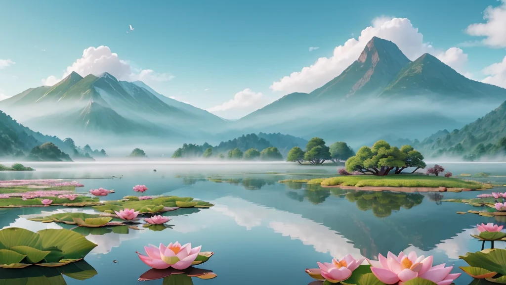 This photo depicts a peaceful landscape in the style of traditional East Asian ink painting. The background of the photo is mist-covered mountains with many peaks and valleys, create a feeling of depth. In the foreground, There are many large lotus flowers blooming, with pink petals that stand out against the pale background of the landscape. There are also lotus leaves on the water surface. A small island with two trees located in the middle of a calm body of water, Reflects part of the scene above. A flock of birds is flying in formation toward the upper left corner of the photo. Tổng thể, The photo conveys a sense of peace and natural beauty.