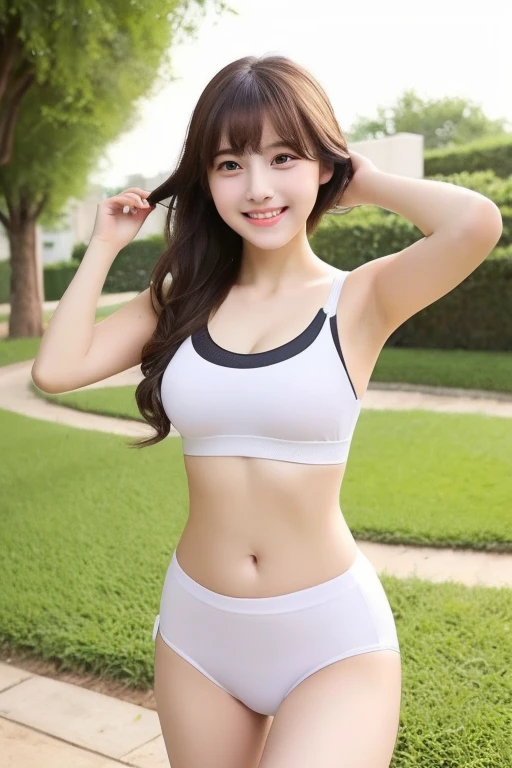 (((Highest quality)))　((masterpiece))　((Real beautiful girl))　12 Talented Girls　(Cute face)　clear　((Baby Face))　Short spats　Sports Bra　(Slim figure)　Beautiful thighs　(whole body)　he is short　smile　Creating Bangs