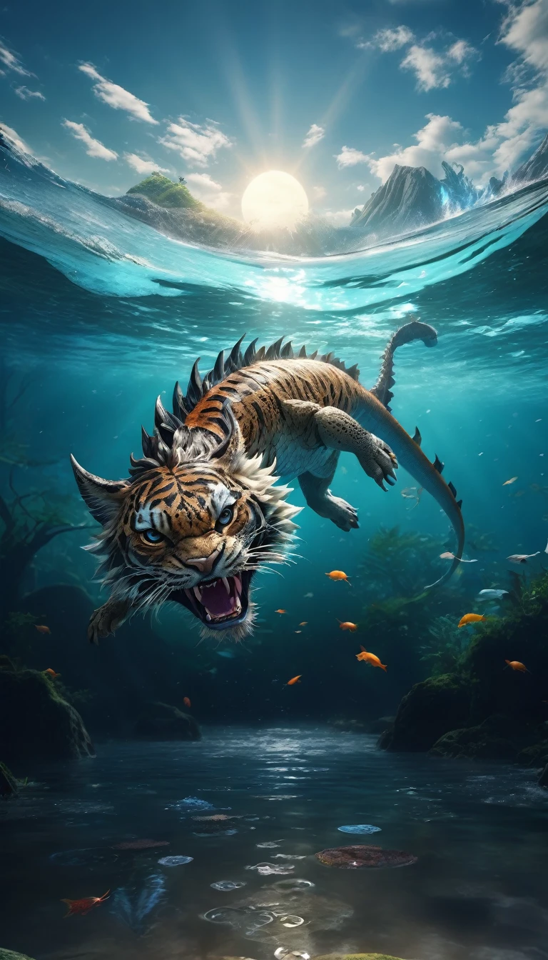 水中有一种Fantasy Creatures(best quality,4K,8k,High level,masterpiece:1.2),Ultra Detailed,(lifelike,Photo real,Photo real:1.37),Highly detailed animals,Complex patterns,Realistic lighting,Fantasy Creatures