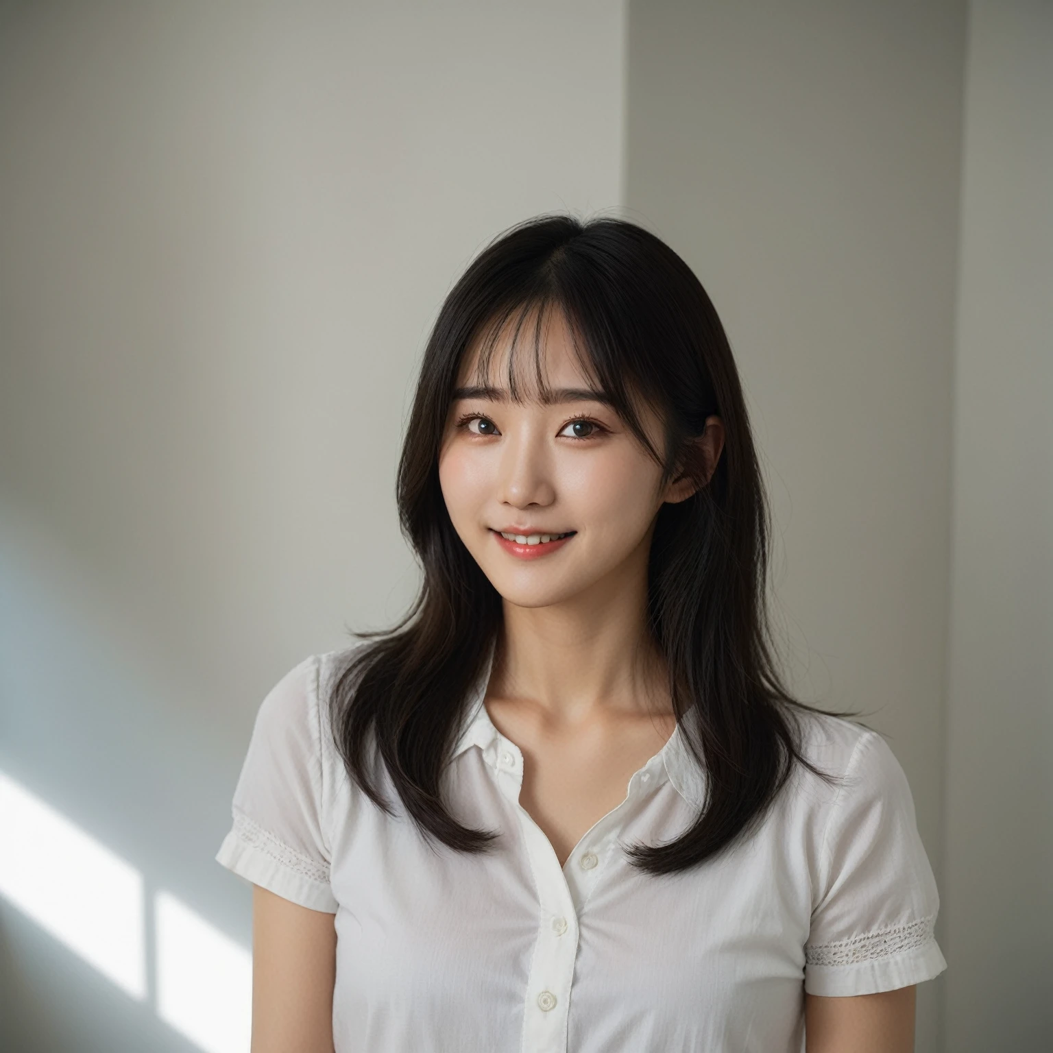 Best Quality, 8k, Masterpiece, (Portrait: 1.3), (photo realistic:1.4), (hyper realistic:1.4), Sharp Focus, looking at viewer, (smoother lighting:1.1), (increase cinematic lighting quality:0.9), realistic lighting, backlighting, light on face, ray trace, (brightening light:1.2), (Increase quality:1.4), sharp detail, (best quality real texture skin:1.4), finely detailed eyes, black_eyes, finely detailed face, 25 year old Korean woman, smiling_face