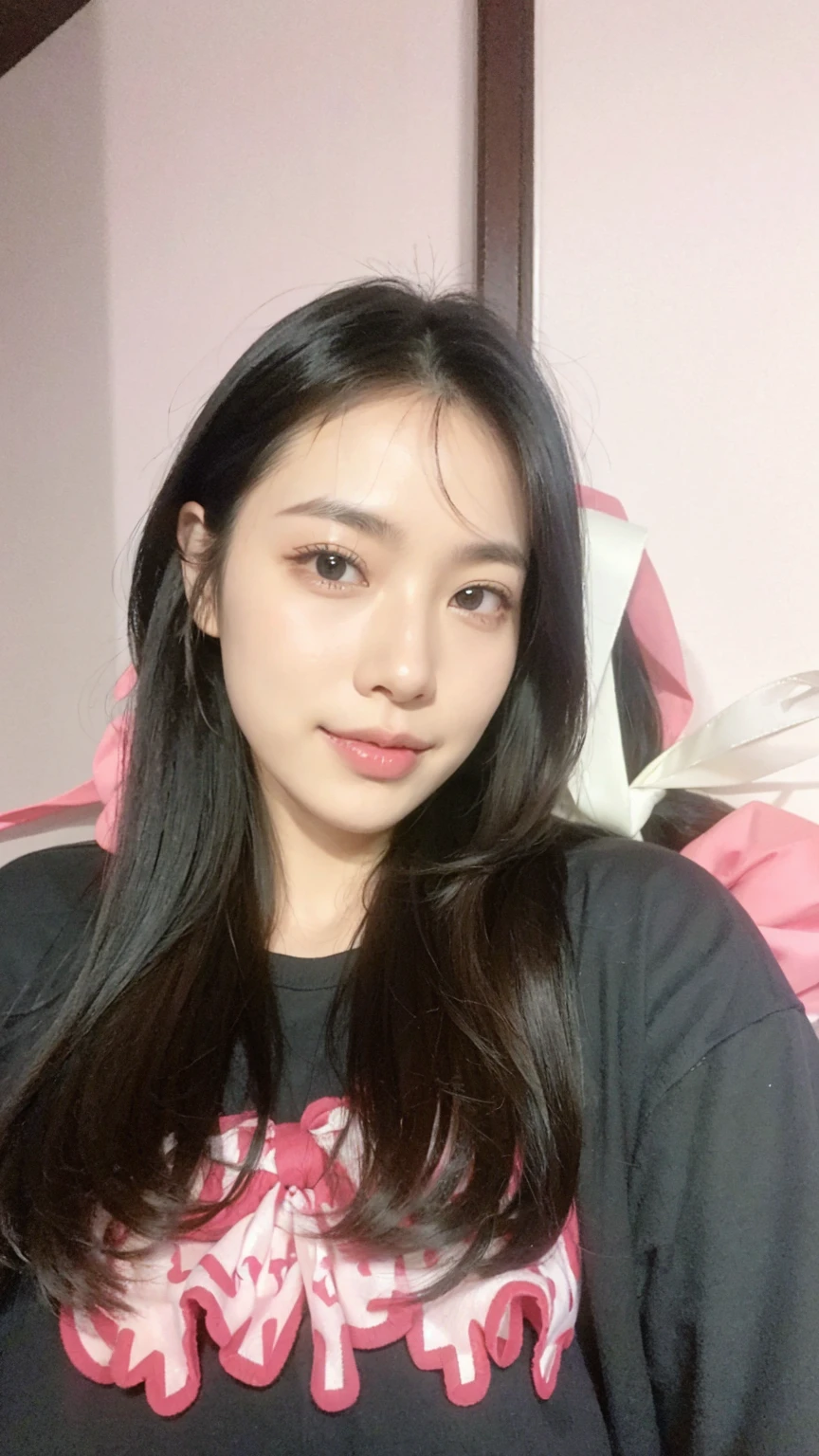 smile, black hair, shill, I shouldered it., ribbon, single color overlapping,