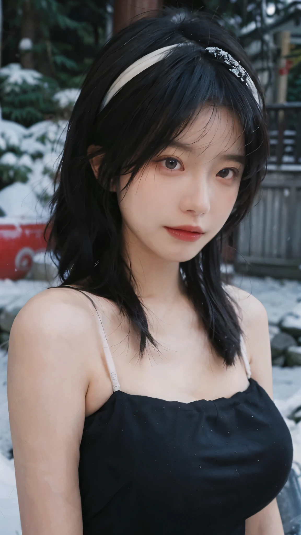 Portrait photography，1 girl，Snow Scene，Snowing background，Push-up non-slip tube top ，（whole body：1.4），Lipstick，(Big Breasts:1.4)，Headband，serene，calm，(Realistic and detailed eyes，Natural skin texture，Realistic facial details)，