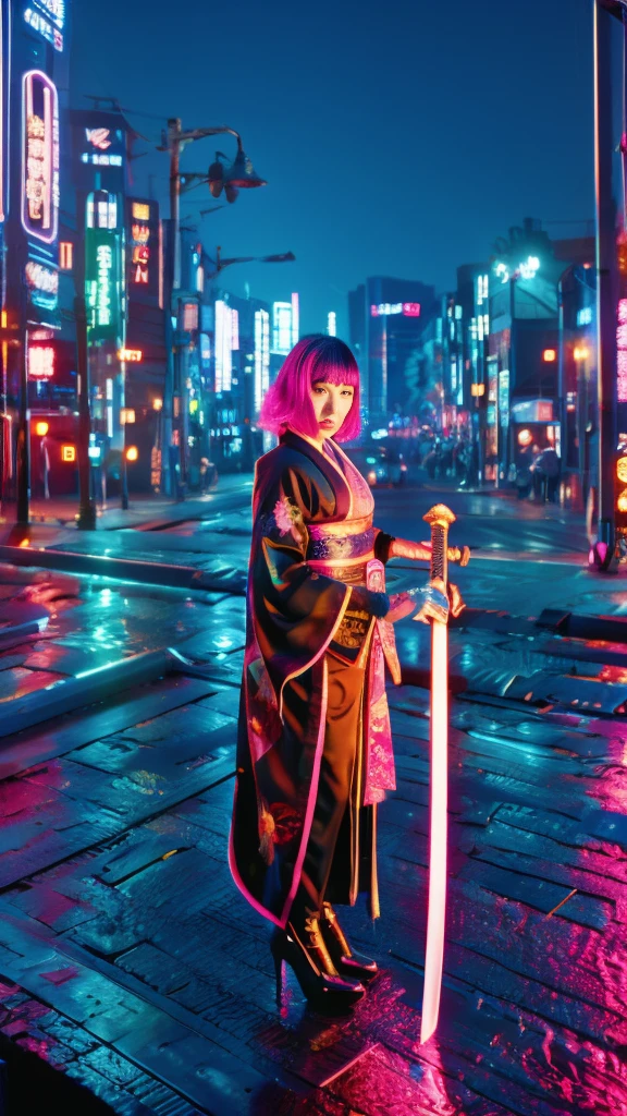 Beautiful Chinese woman, (), cute face, red lips, white moist skin, moles, (under-eye bags),
BREAK,
Feminine body with high athletic ability, Body of a female fitness model, Feminine body with hard tones, (Muscles: 1.2), (Beautiful belly button),
BREAK,
Fighter, Kung Fu fighter, Idol, (Yakuza), (Yakuza),
BREAK,
(Wearing a cute black kimono: 1.3), (Kimono with a lot of exposure), (Stiletto heels, black long boots 1.3), necklace, very large earrings, short length,
BREAK,
Short hair, (Short bob hair), (Bangs: 1.2), (Pink hair: 1.3), (Wavy hair),
BREAK,
(Very large Japanese sword: 1.4), (Holding the handle of a Japanese sword: 1.3), (Fighting: 1.2), (Getting into a fighting stance), (Beautiful blade of a Japanese sword: 1.2)
BREAK,
(Japanese tattoo: 1.4),
BREAK,
Masterpiece, Perfect lighting, Ultra high resolution, 8K, (Highly detailed: 1.4), (From the front), Looking at the camera, Melancholic expression,
BREAK,
(Tokyo city, lots of people in the background: 1.2), Shibuya city background in Tokyo, Japan, (Neon lights: 1.2)