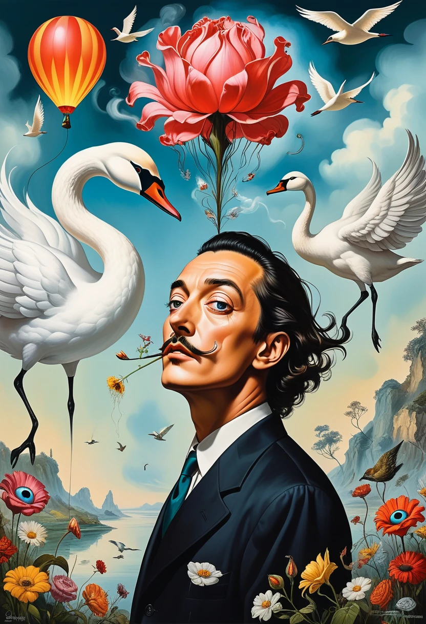"Salvador Dali"style,Surrealism、Absurdism、drama、Comic classics、Fantasy、Subconscious and Dreams、These are used in fantasy portraits with a bouquet of flowers、A flock of birds and wisps of smoke replace the head,A deep dive into the inner workings of the human mind。
The work combines the classical、Comic-inspired imagery and surreal themes,Looking at his works is like walking in a primeval forest,beauty、Danger、Weird and random。When translating these concepts into oil paintings,Familiar anatomical features present an unusual appearance,Eyeballs hovering like hot air balloons,Lips sticking out from the flower,The brain and the swan meet。