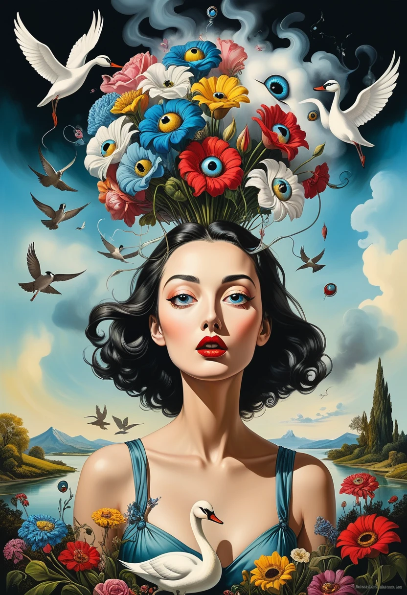 "Salvador Dali"style,Surrealism、Absurdism、drama、Comic classics、Fantasy、Subconscious and Dreams、These are used in fantasy portraits with a bouquet of flowers、A flock of birds and wisps of smoke replace the head,A deep dive into the inner workings of the human mind。
The work combines the classical、Comic-inspired imagery and surreal themes,Looking at his works is like walking in a primeval forest,beauty、Danger、Weird and random。When translating these concepts into oil paintings,Familiar anatomical features present an unusual appearance,Eyeballs hovering like hot air balloons,Lips sticking out from the flower,The brain and the swan meet。