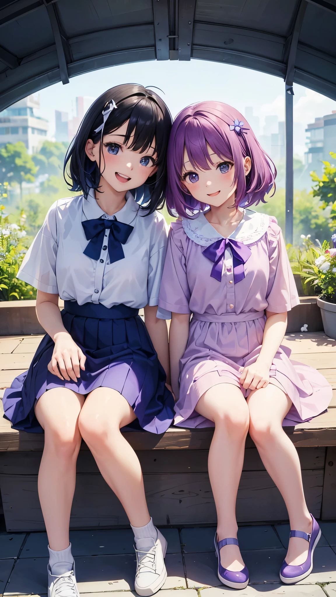 Two girls are sitting and laughing、Cartoon style illustration。The girls are wearing colorful clothes、The background is simple and white。The hair is curled、One of them is wearing a purple dress、The other is wearing a blue shirt and skirt.。A warm and happy atmosphere。